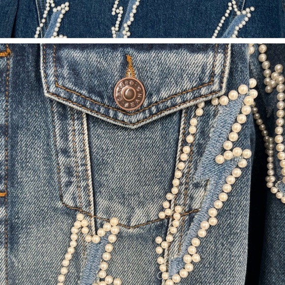 Sandro Pearl Lightning Bolt Cropped Denim Crop Jean Jacket - Picture 10 of 13